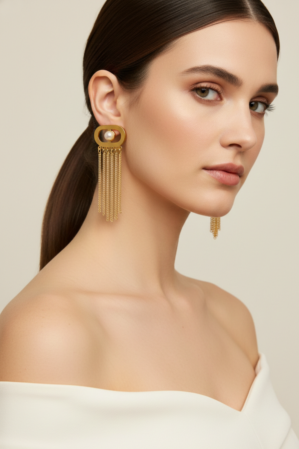 Golden Pearl Chain Drop Earrings