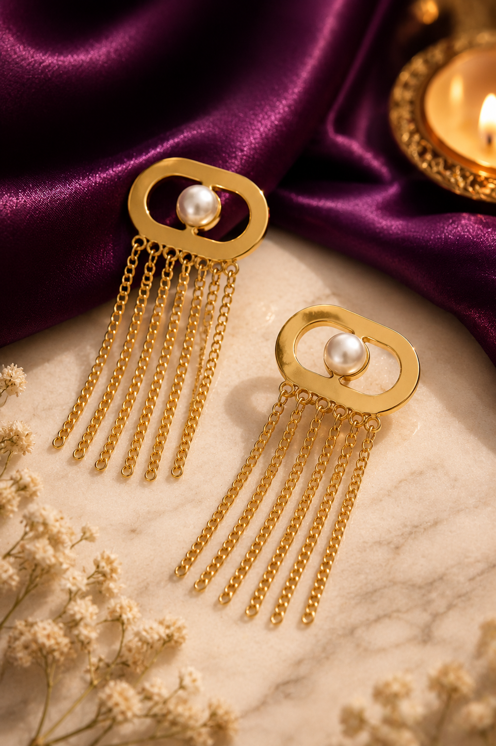 Golden Pearl Chain Drop Earrings