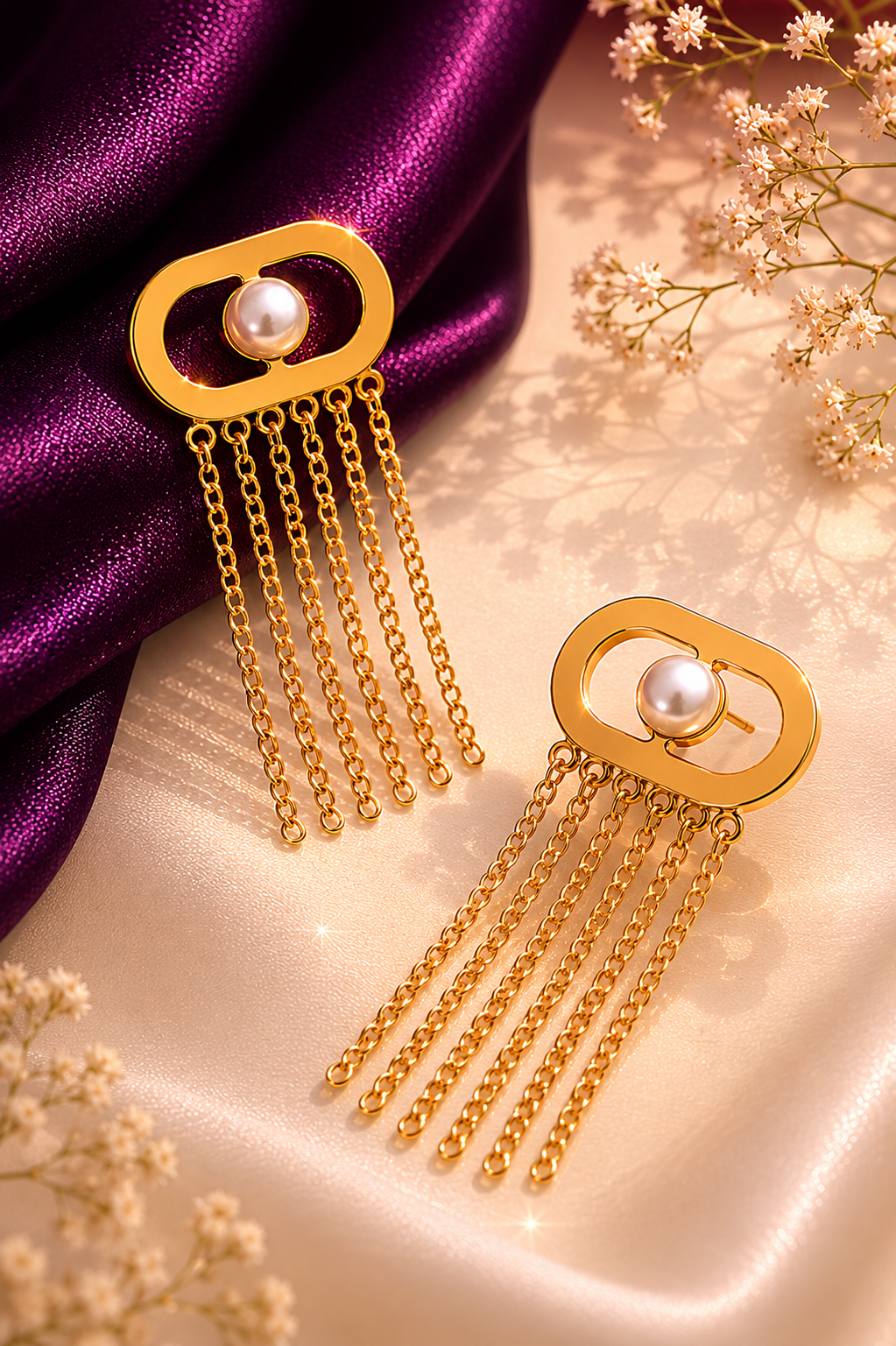 Golden Pearl Chain Drop Earrings